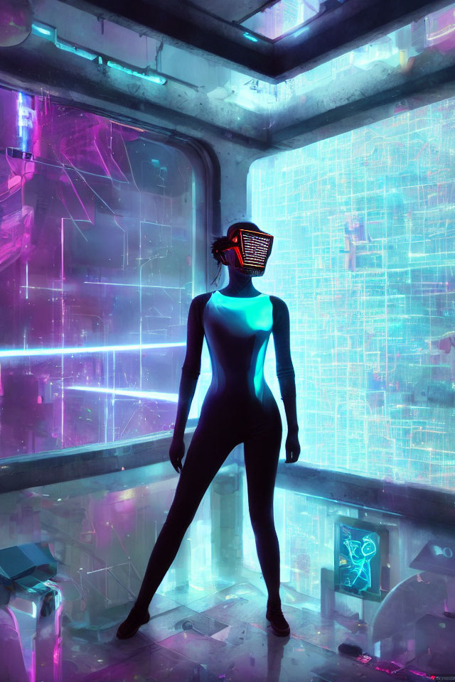 Futuristic figure with glowing mask in neon-lit cyber room