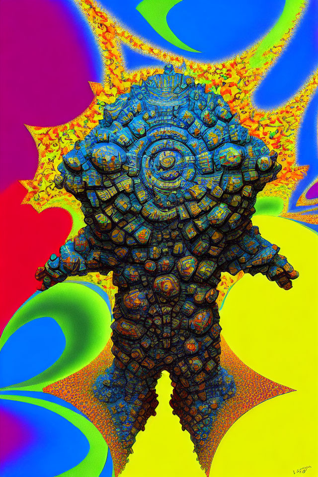 Colorful fractal-like creature with repetitive patterns on vibrant background