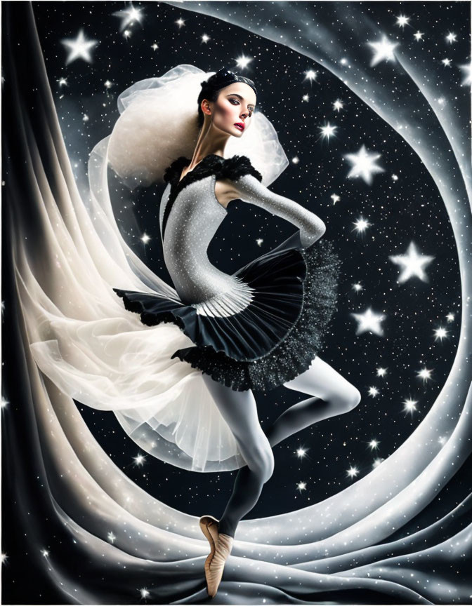 Ballerina in black and white costume dances in cosmic setting