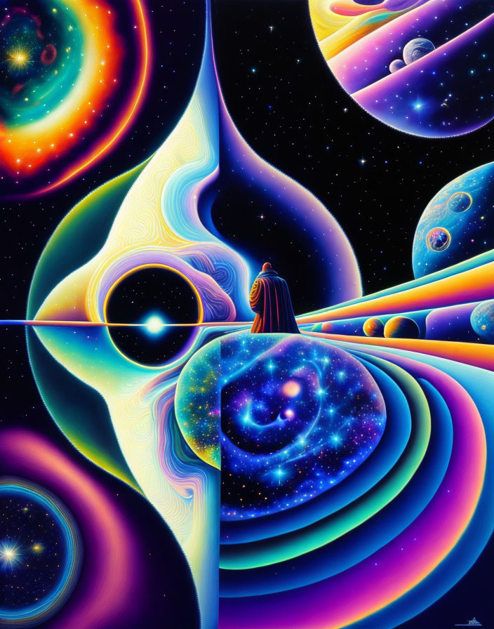 Colorful surreal cosmic painting with swirling galaxies and celestial figures