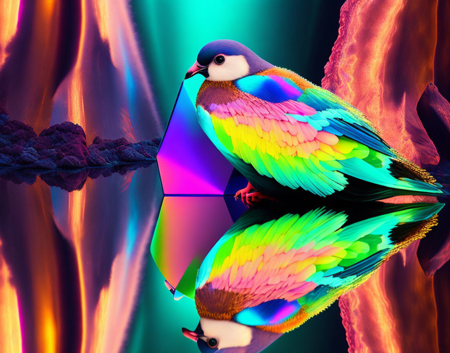Colorful iridescent bird with mirror image on vibrant warm background
