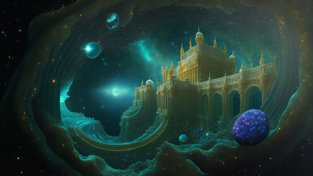 Ethereal palaces in cosmic scene with celestial bodies