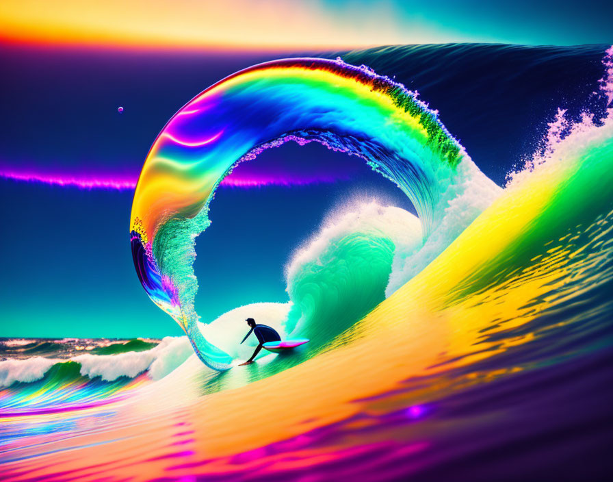 Surfer riding vibrant digitally altered wave under surreal sky