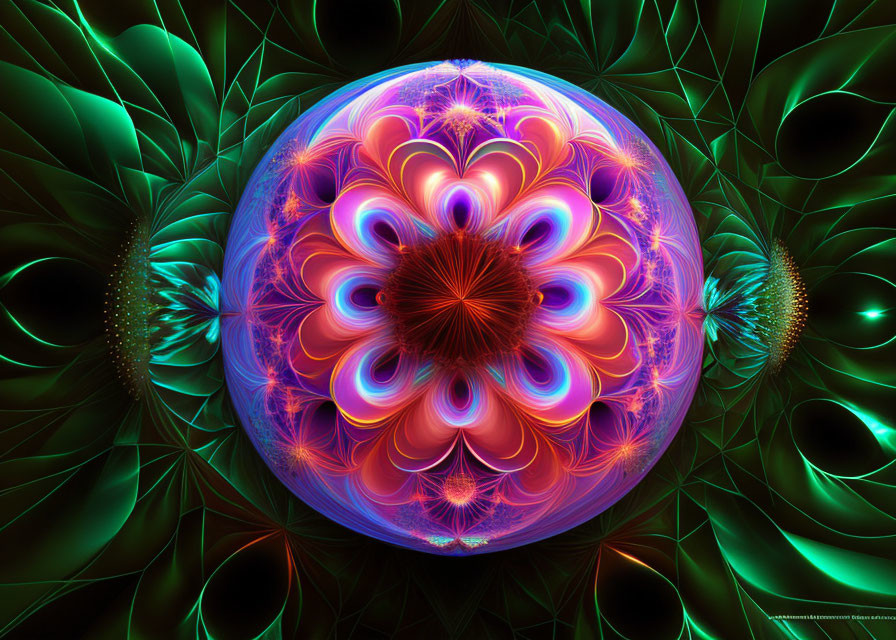 Colorful Fractal Flower Patterns on Spherical Object in Neon Hues