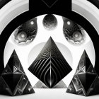 Geometric black and white abstract art with circles, triangles, and intricate patterns.