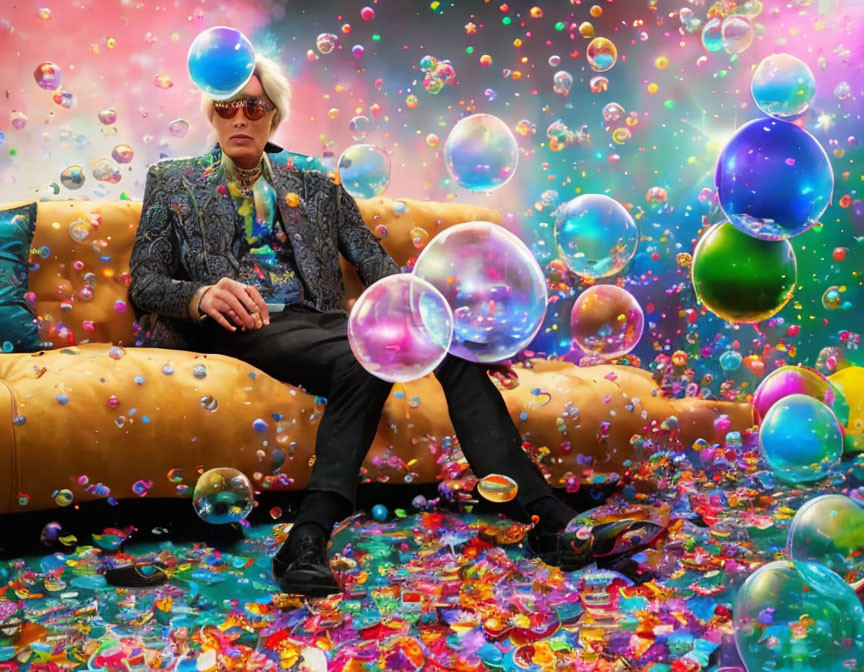 Colorful Sofa with Flamboyantly Dressed Individual in Vibrant Bubble-filled Setting
