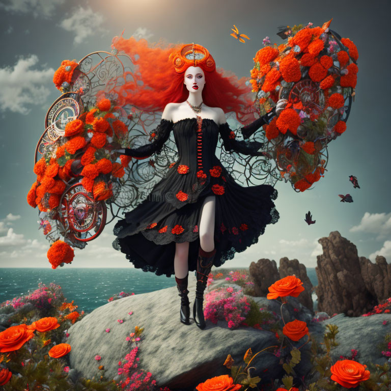 Striking red-haired woman in gothic black dress surrounded by orange flowers