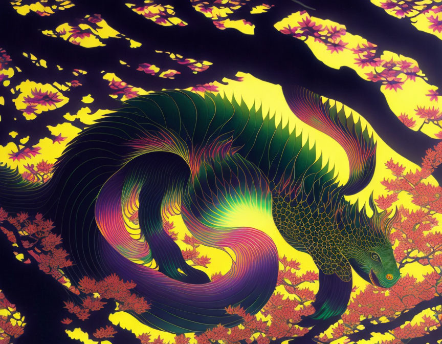 Colorful Dragon Swirling in Vibrant Leaves on Dark Background