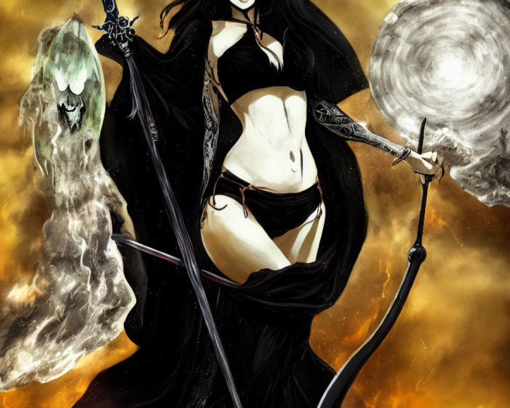 Dark-Haired Female Warrior with Scythe and Spectral Companion in Anime Style
