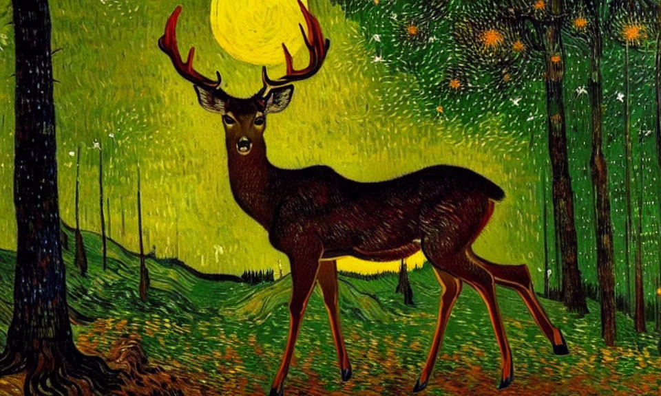 Stylized painting of a deer in vibrant green forest with yellow moon