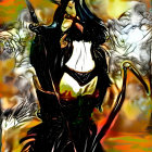 Dark-Haired Female Warrior with Scythe and Spectral Companion in Anime Style