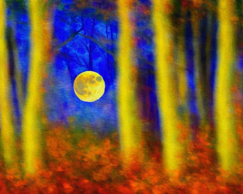 Moonlit Night Painting: Impressionistic Depiction of Full Moon in Forest