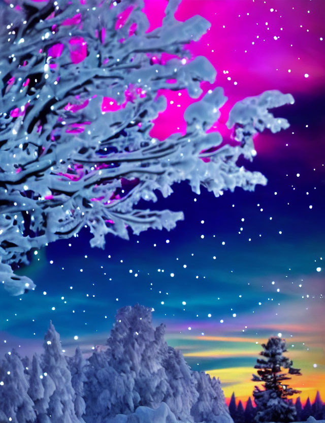 Wintry pine forest landscape with snow-covered branches and colorful sky