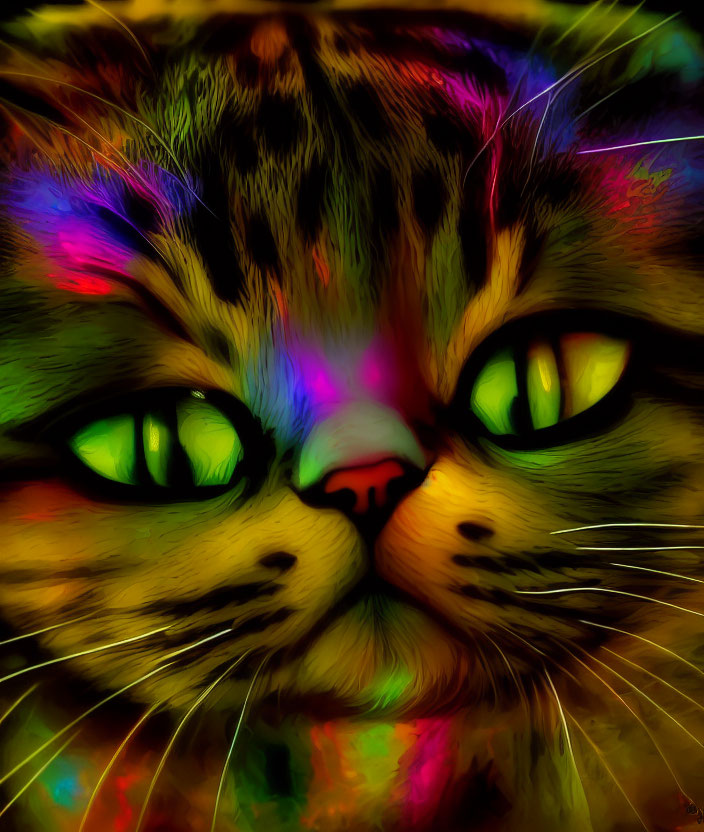 Colorful Psychedelic Cat Face Artwork with Green Eyes