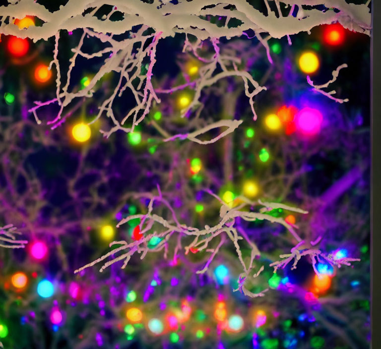 Snow-covered branches with multicolored Christmas lights in background