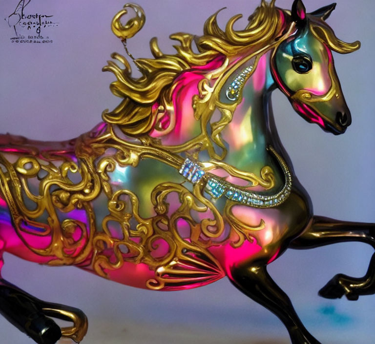 Iridescent horse sculpture with golden mane and jewels