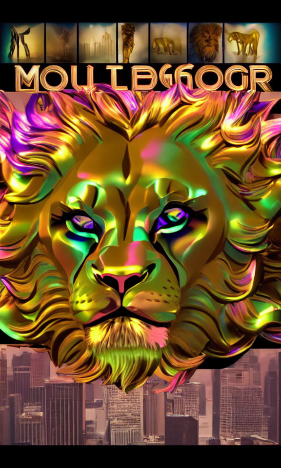 Vibrant neon lion head with city skyline backdrop and stylized text "MOULDFLOOR