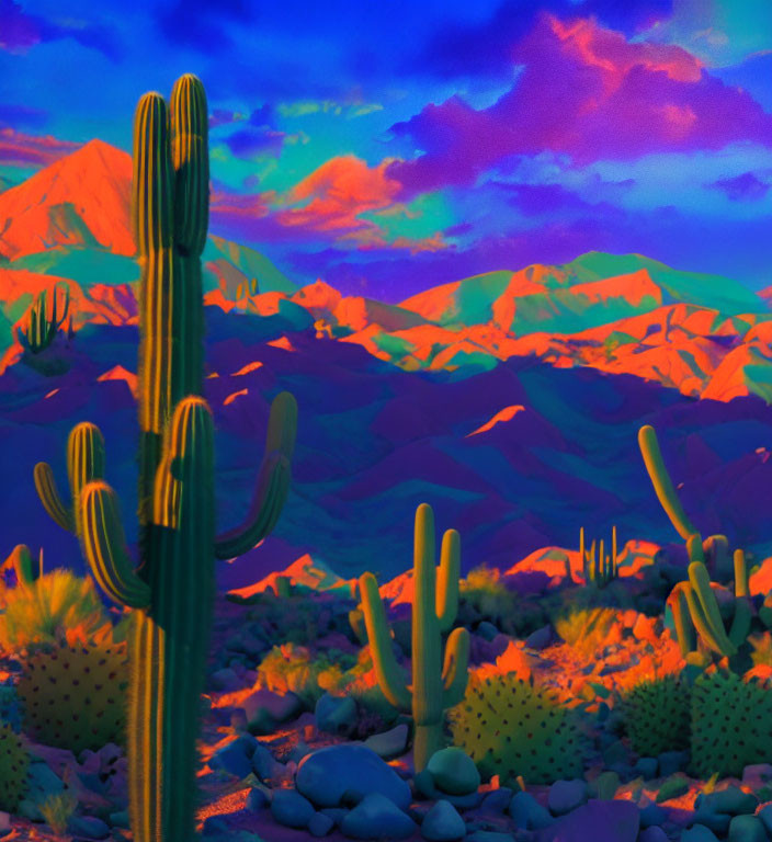 Surreal desert landscape with cacti and colorful mountains under twilight sky