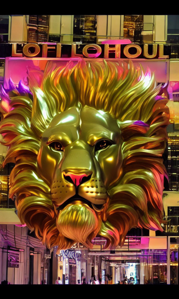 Colorful lion sculpture with neon lighting outside hotel façade.