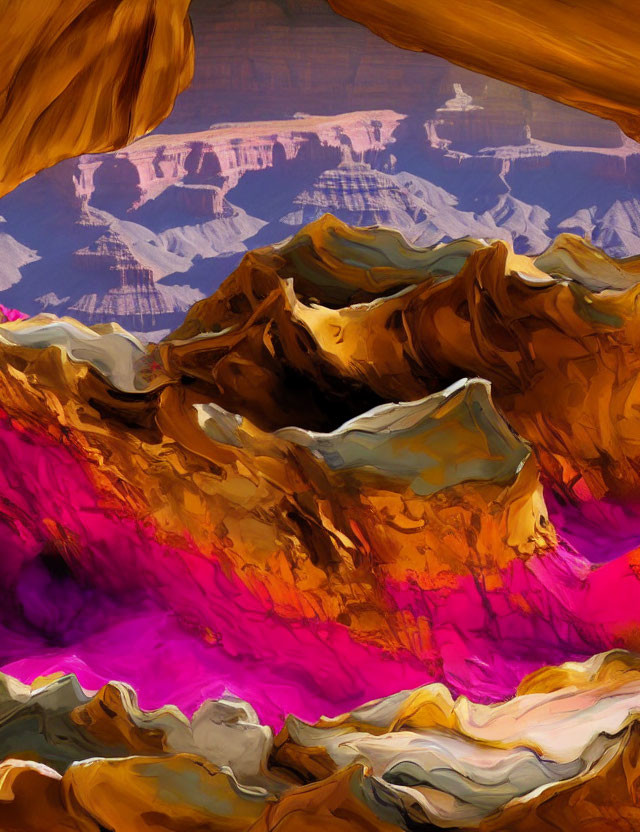 Colorful digital painting of a canyon with vibrant purple, orange, and yellow hues