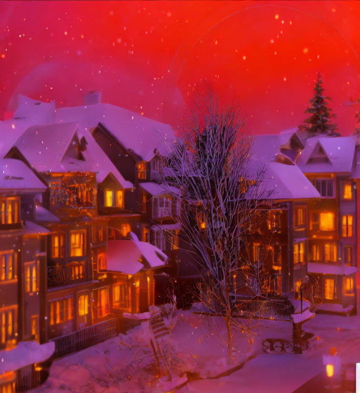 Twilight snow-covered town with lit houses and red sky