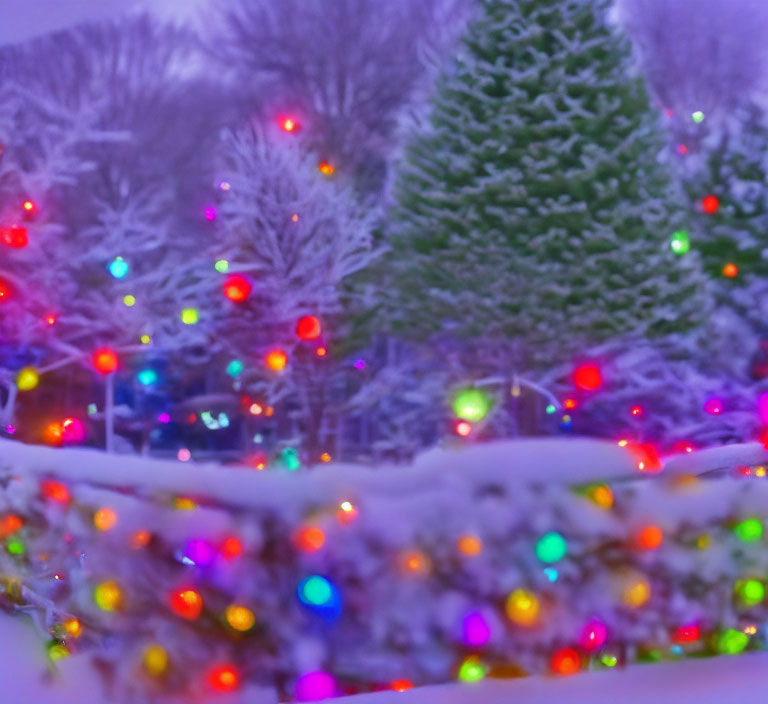 Snow-covered landscape with Christmas lights and snow-laden trees at dusk
