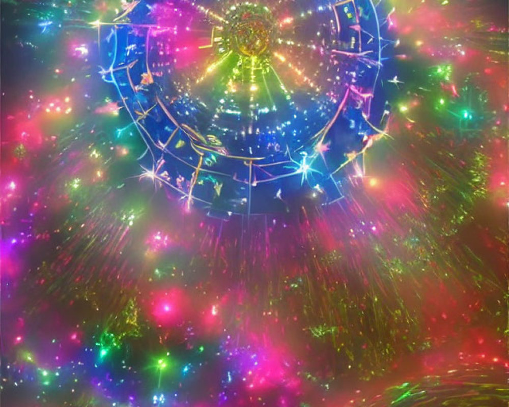 Colorful Psychedelic Light Bursts Around Central Circular Structure