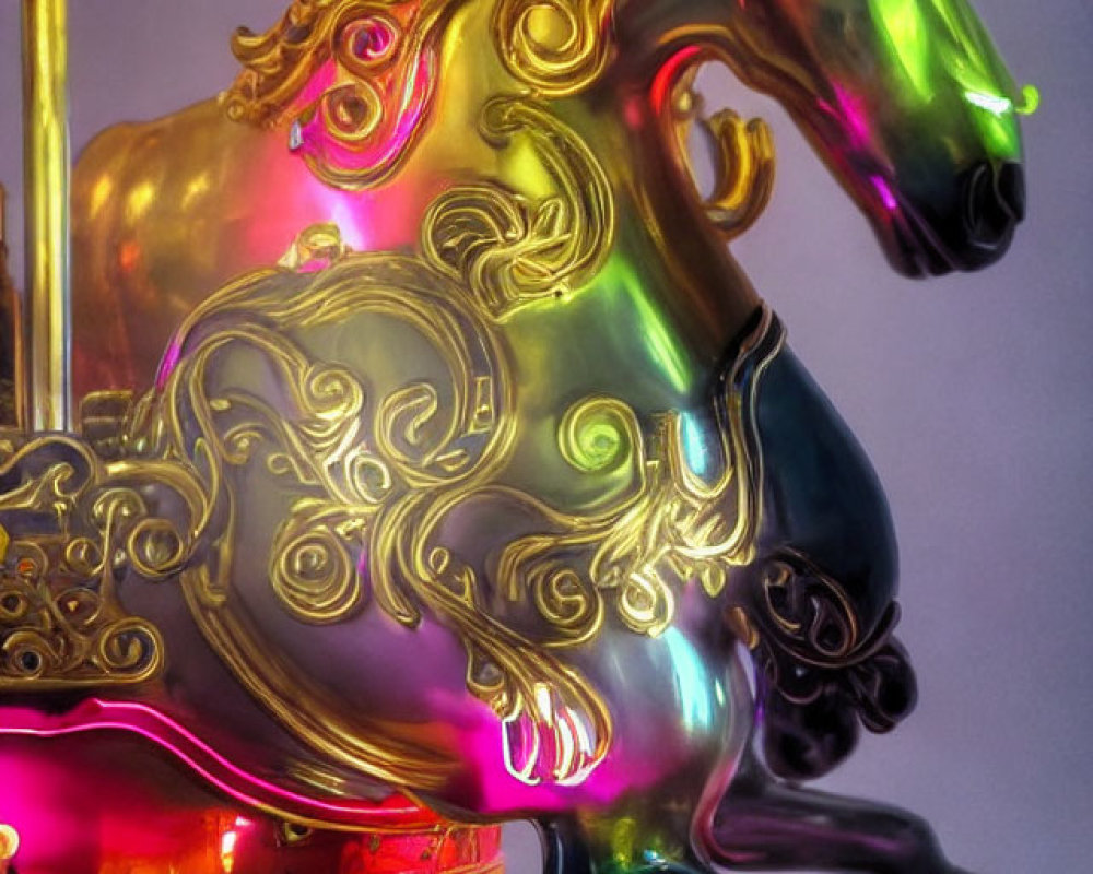 Vibrant neon-lit carousel horse on glossy surface with purple background