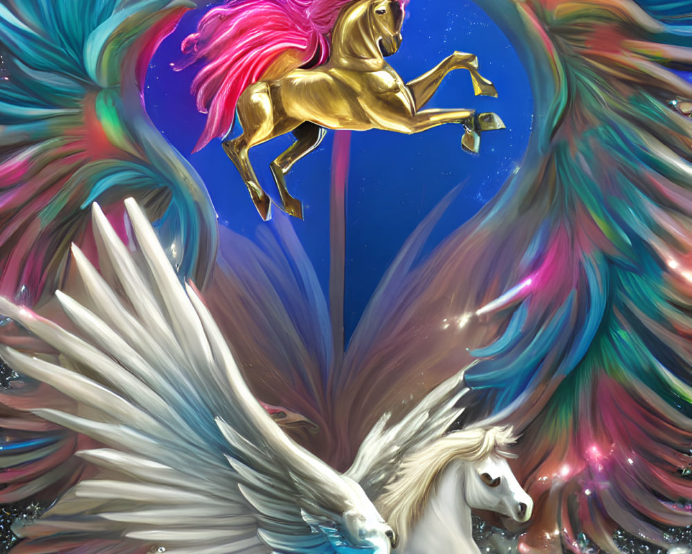 Colorful digital artwork: Golden Pegasus and white winged horse against cosmic background