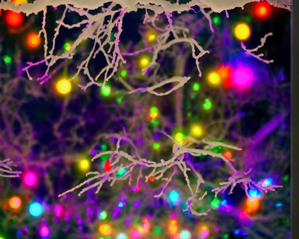 Snow-covered branches with multicolored Christmas lights in background