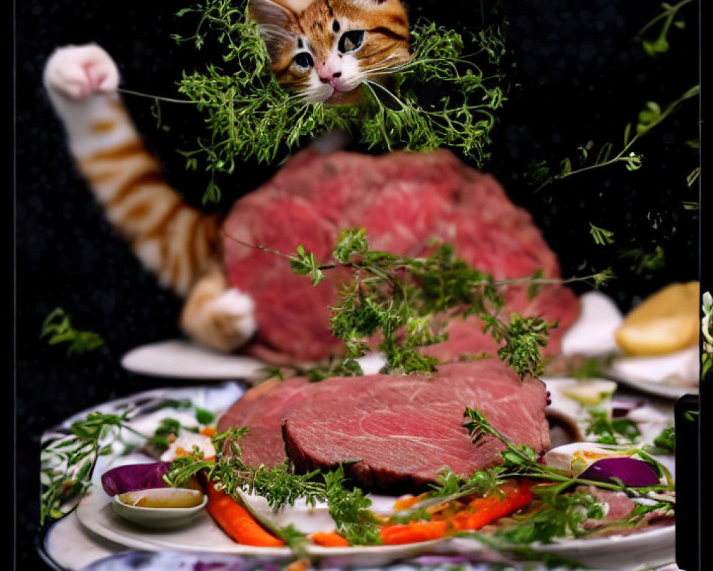 Orange Tabby Cat with Fresh Herbs and Roast Beef Platter