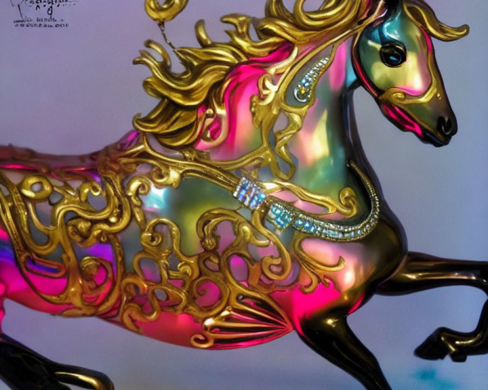 Iridescent horse sculpture with golden mane and jewels