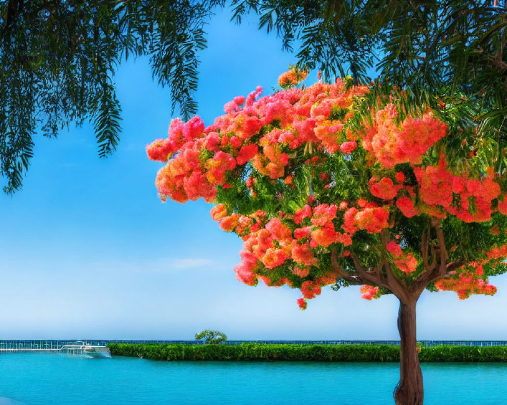 Pink bougainvillea tree by tranquil pool overlooking blue sea and clear sky.