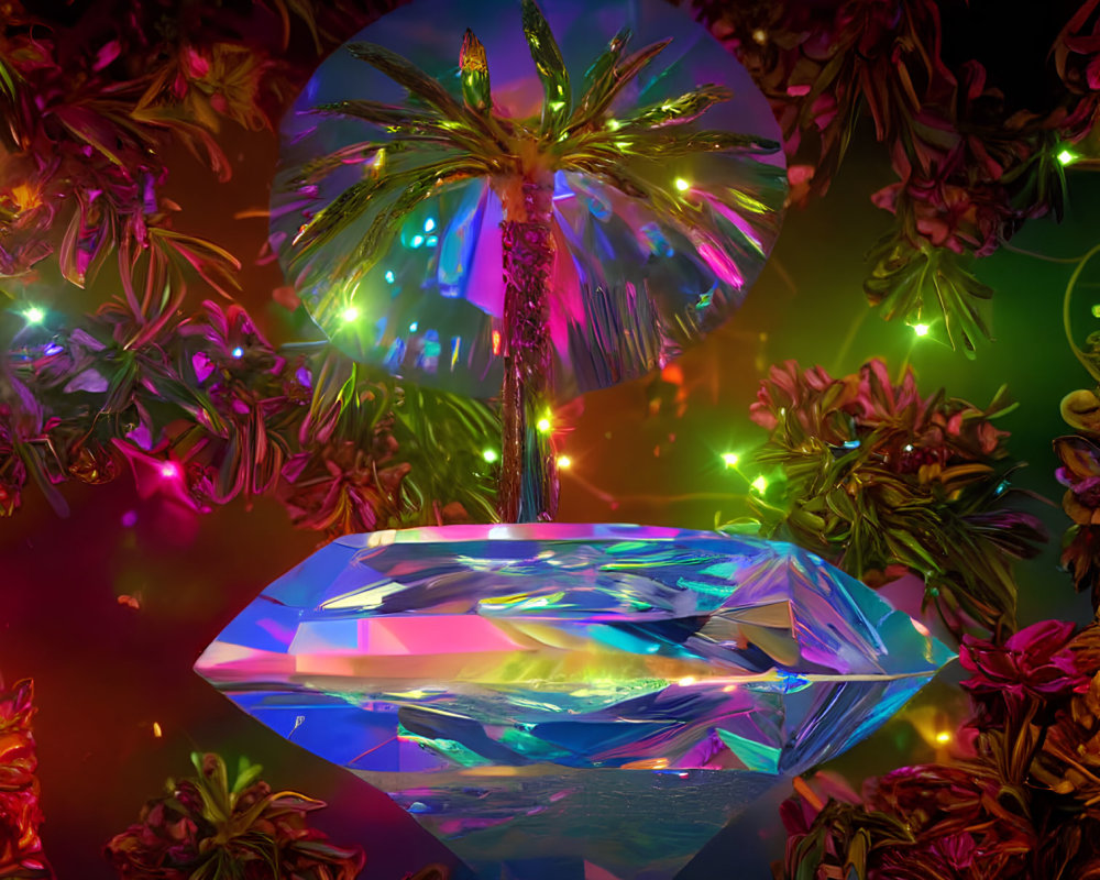 Colorful Crystal Object with Palm Tree in Neon-lit Tropical Scene