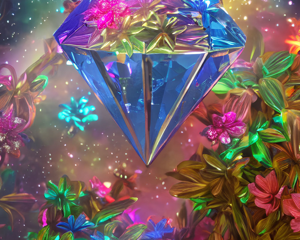 Colorful blue crystal with flowers on starry backdrop