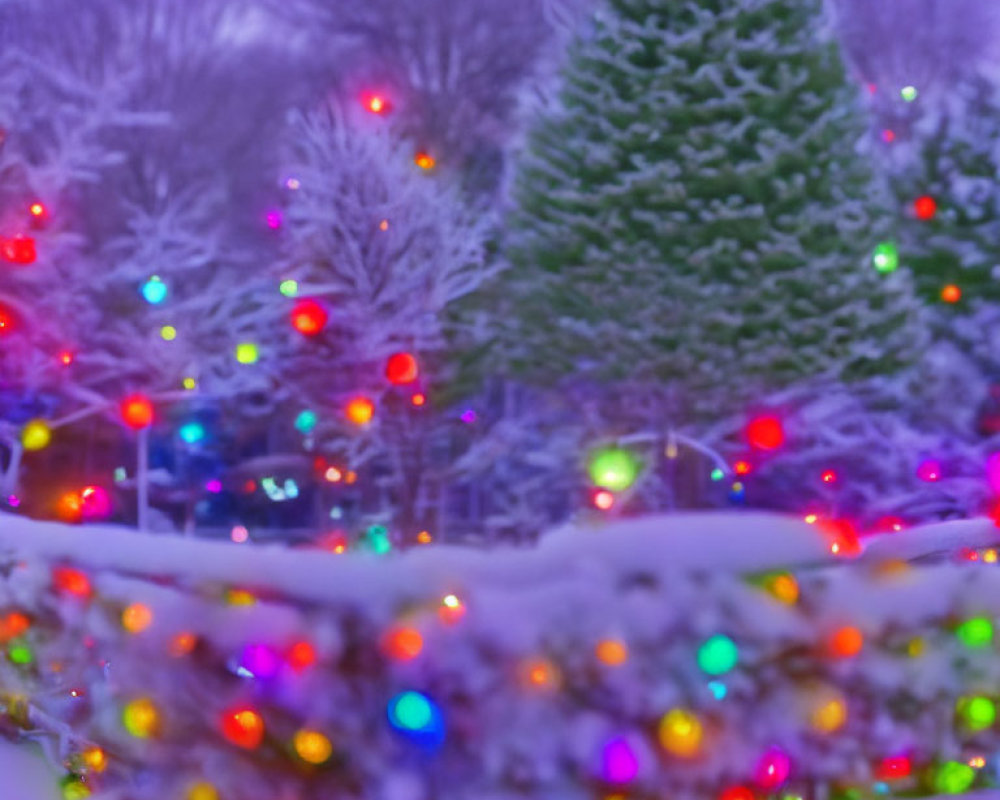 Snow-covered landscape with Christmas lights and snow-laden trees at dusk