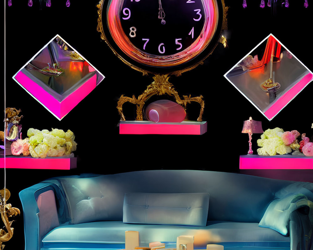 Surreal interior with melting clock, floating shelves, elegant lighting, multicolored sofa