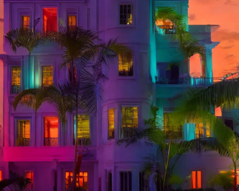 Colorful building with neon lights at dusk amid palm trees and pink-purple sky