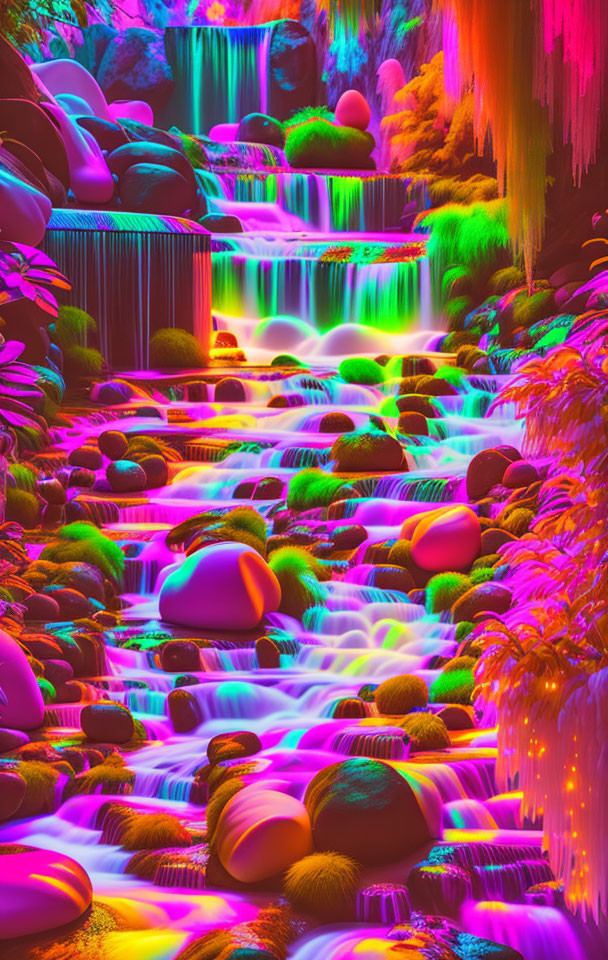 Colorful Neon Fantasy Landscape with Waterfalls and Luminous Foliage