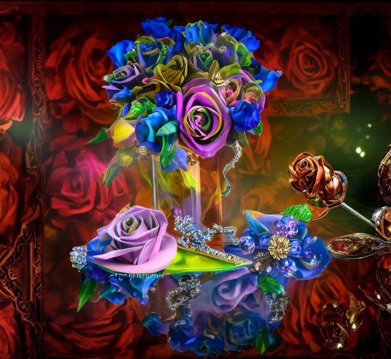 Blue and Purple Rose Bouquet with Reflection on Glossy Surface and Red Floral Backdrop