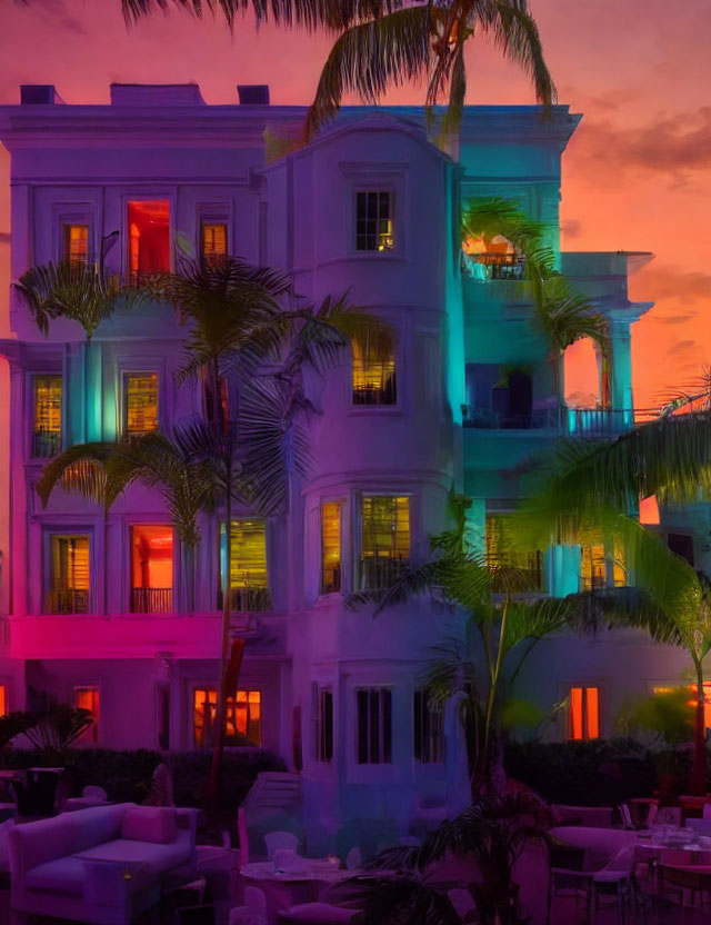 Colorful building with neon lights at dusk amid palm trees and pink-purple sky