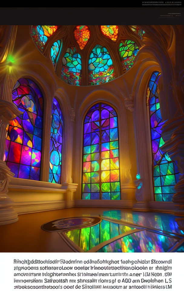 Vibrant stained glass windows in a gothic church with intricate designs