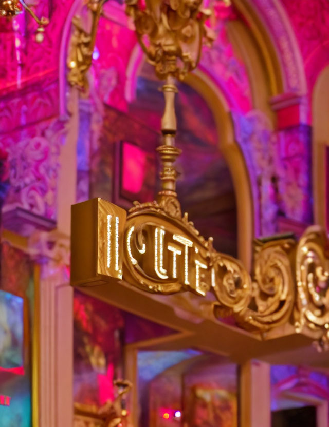 Golden ornate illuminated hotel sign with blurred luxurious interior background.