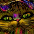 Colorful Psychedelic Cat Face Artwork with Green Eyes