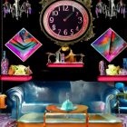 Surreal interior with melting clock, floating shelves, elegant lighting, multicolored sofa