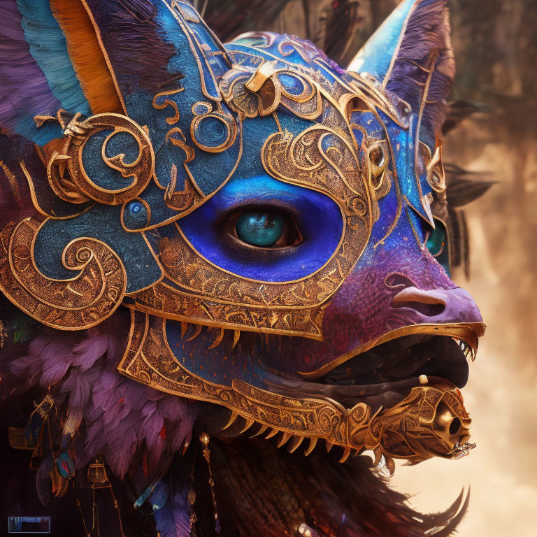 Intricate Cat Face Mask with Blue and Purple Colors