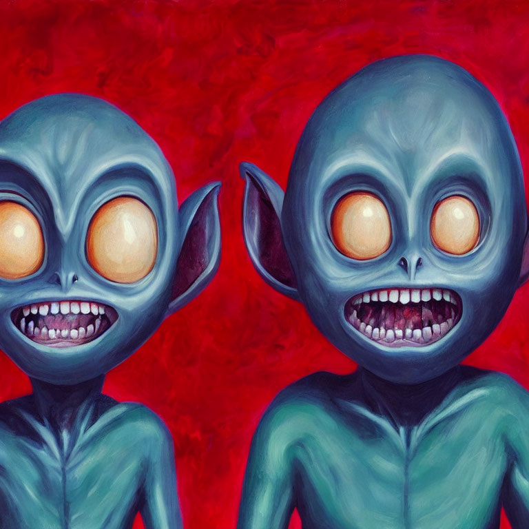 Cartoonish alien figures with oversized heads and eerie smiles on red background
