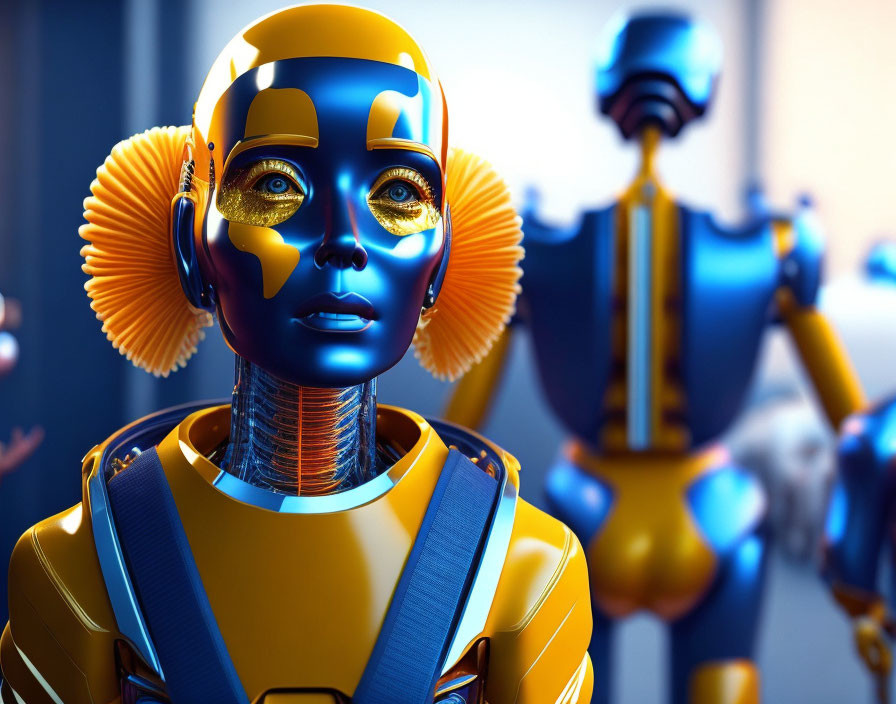 Detailed Human-Like Female Robot with Gold and Blue Features