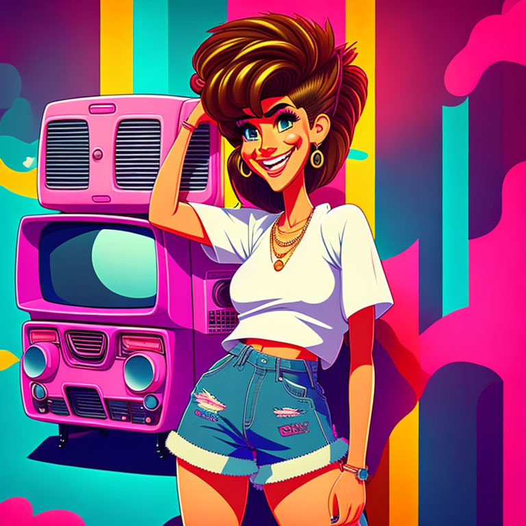 Colorful Illustration: Smiling Woman in Retro Style with Boomboxes