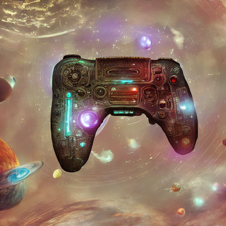 Colorful Cosmic-Themed Game Controller in Space
